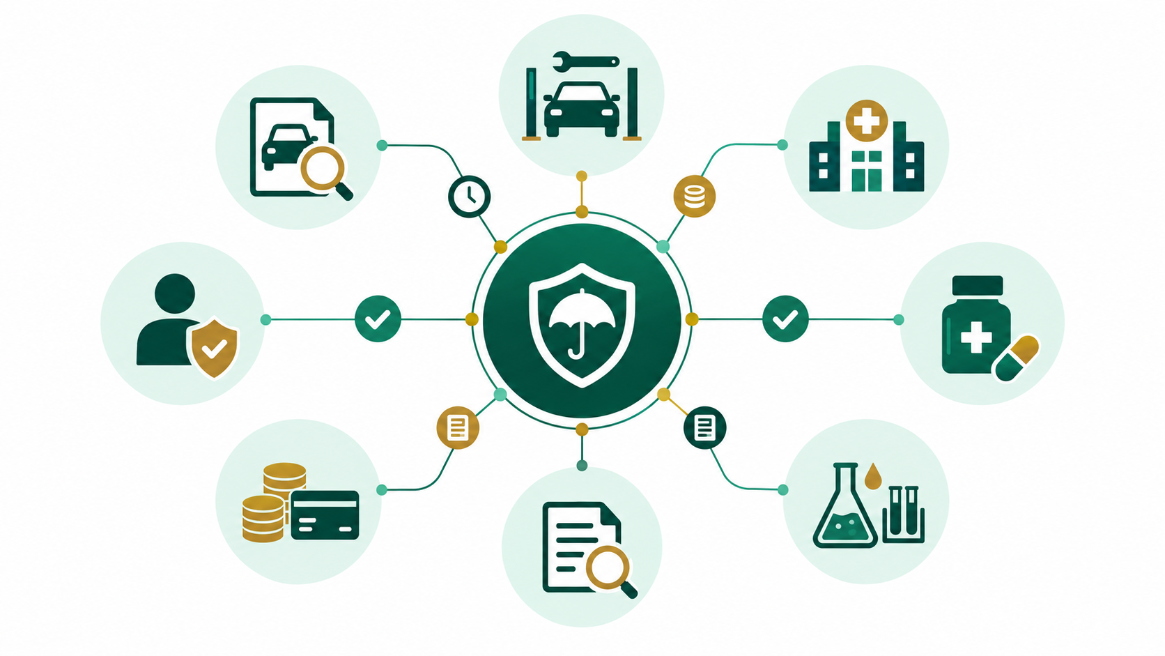 Illustration en icônes du réseau de prestataires assurance autour des dossiers auto et santé